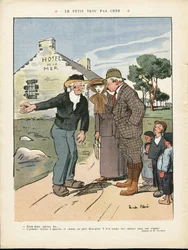 Ilustracja przedstawiająca Ricardo Floresa (1878-1918) w Le Rire, 20.07.12 - Tania mała dziura - Wieś, Moda, Morskie wybrzeże morskie, Moda męska, Turyści turystyczni, Hotel