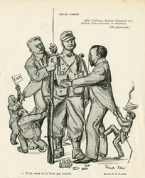 Ilustracja przedstawiająca Ricardo Floresa (1878-1918) w Le Rire, 21.06.13 - Sprzedaż dla dzieci - Armee, służba wojskowa, socjalizm - Jaures Jean, Caillaux Joseph (1863-1944), Painleve Paul (1863-1933)