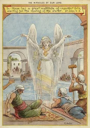 Cuda Chrystusa: chorzy oczekujący na ruch wody przez anioła (chromolitho)