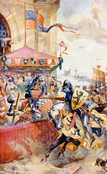 Turniej rycerski na Tower Bridge, ilustracja z „Historii narodu brytyjskiego Hutchinsona”