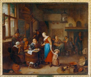 Pijacy w tawernie, dziecko w kołysce - Drinkers et musiciens dans un cabaret, avec enfant au cerceau ...