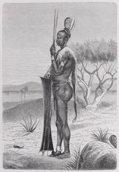Wytatuowana czarna osoba z ludu Shuli z bronią, z «Historii ludzkości», tom III, prof. Friedricha Ratzela, 1898