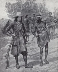 William Dampier z tubylcem podczas jego eksploracji Australii, koniec XVII wieku (lito)