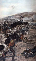 Szereg żołnierzy Coldstream Guards z osadzonymi bagnetami nacierający pod ostrzałem na wroga, bitwa nad Almą, wojna krymska (1854-56), 1896