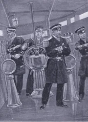 Admirał Togo w kiosku swojego okrętu flagowego, kierujący akcją morską, ilustracja z Cassells History of the rosyjsko-japońskiej wojny t. 1, ok. 1900