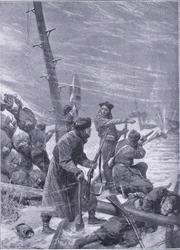 Atak na linię kolejową przez Chunchuses, ilustracja z Cassells History of the rosyjsko-japońskiej wojny t. 1, ok. 1900