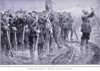 Przed bitwą: rosyjska modlitwa o sukces, ilustracja z Historii wojny rosyjsko-japońskiej Cassells t. 1, ok. 1900