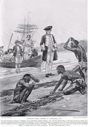 Kapitan Cook lądujący na Tasmanii, 1777, ilustracja z "Hutchinson