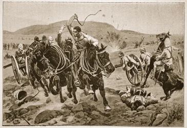 Artyleria polowa w akcji, ilustracja z „Bitwy XIX wieku”, tom. VI: Wojna burska z lat 1899-1900