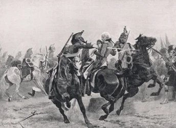 Atak na Sir Ralpha Abercrombiego przez francuskich dragonów, ilustracja z „British Battles on Land and Sea”, wydanej przez Cassell, Londyn, ok. 1910
