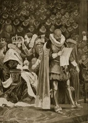 Hołd, hojność i powszechne ułaskawienie podczas koronacji Jakuba I i Anny Duńskiej, 25 lipca 1603, z „The Illustrated London News”, 1902
