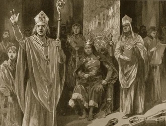 Przemowa Huberta Waltera, arcybiskupa Canterbury, podczas koronacji Jana w dzień Wniebowstąpienia, 27 maja 1199, z „The Illustrated London News”, 1902