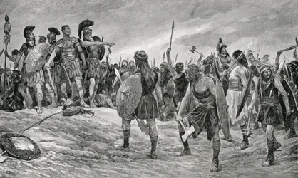 Wespazjan uratowany przez syna Tytusa, ilustracja z „Historii Narodów Hutchinsona”, c.1910