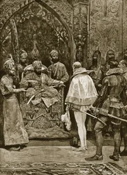 Wczesne poselstwo angielskie do Indii, 1599, ilustracja z „Dziejów narodu brytyjskiego Hutchinsona”, około 1923
