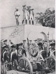 Bitwa pod Plassey, 23 czerwca 1757: Clive na dachu domku myśliwskiego Nawab Surat-ud-Daulah, ilustracja z brytyjskich bitew na lądzie i morzu, 1915