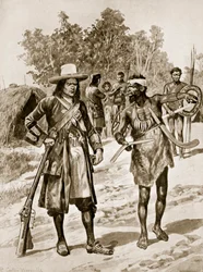 Dampier badający bumerang w Australii, ilustracja z „Hutchinson