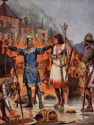 FitzStephen pali swoje łodzie, 1169, ilustracja z „Historii narodu brytyjskiego Hutchinsona”, około 1923
