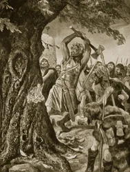 Malachy ścina drzewo koronacyjne Munsteru w 982 roku, ilustracja z książki „Hutchinson