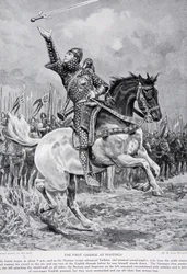 Pierwsza szarża pod Hastings: Taillefer, minstrel i żongler mieczem, wyjechał z szeregów, śpiewając i podrzucając swój miecz w powietrze, 1066, ilustracja z „Historii narodu brytyjskiego” Hutchinsona