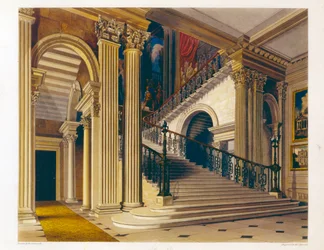 Klatka schodowa, dom Buckingham, z „Historii rezydencji królewskich”, rytowana przez Williama Jamesa Bennetta (1787-1844), autorstwa Williama Henry