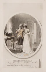 Pan Courtney pokazuje Henrietcie miniaturowe zdjęcie ich matek, księga 5, rozdział 4, ilustracja do wydania „Henrietty” Charlotte Lennox z 1798 r., ok. 1798 r. (ołówek i toaleta na papierze)