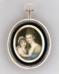 Portret matki i córki, ok. 1765-70 (akwarela na kości słoniowej, 9-karatowe różowe złoto, włosy i szkło)