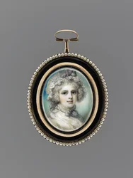 Portret kobiety, ok. 1785 (akwarela na kości słoniowej, 9-karatowe różowe złoto, perły, emalia i szkło)