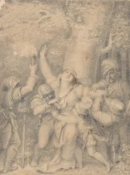 Królowa Małgorzata Andegaweńska z księciem, jej synem, pozbawiona regaliów przez rabusiów w lesie