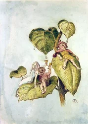 Uczta i zabawa wśród fuschias II (pióro i akwarela na papierze)