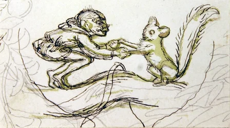 Goblin i wiewiórka (długopis, ołówek i pranie na papierze)