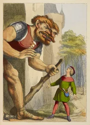 Jack patrzy na olbrzyma, który ma dwie głowy. Gigant jest Walijczykiem. Kolorowa ilustracja w książce dla dzieci.