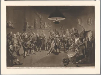 Członkowie Akademii Królewskiej we wnętrzu z nagim modelem, 1768 Królewska Akademia Sztuk, ustanowiona przez króla w roku 1768 (tytuł na obiekcie)