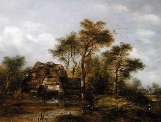 Młyn z człowiekiem łowiącym ryby (olej na płótnie)