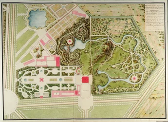 Plan ogrodów francuskich i krajobrazowych Petit Trianon z bryłą budynku, z Recueil des plans du Petit Trianon Richarda Miquea