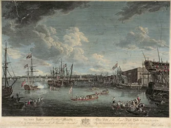 Widok Royal Dock Yard w Deptford, rytowany przez Williama Woolletta, opublikowany 1 lipca 1793 (kolorowa akwaforta)