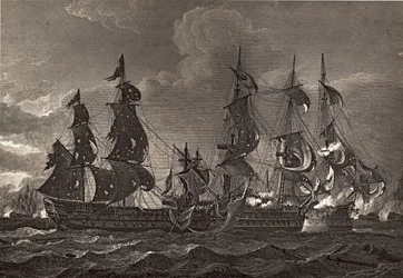 Kapitan HMS na pokładzie statku San Nicholas i San Josef, ilustracja z „Życia Nelsona” Roberta Southeya (1774-1843) opublikowana po raz pierwszy w 1813 r.