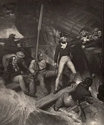Porucznik Nelson zgłaszający się na ochotnika, aby wejść na pokład nagrody podczas gwałtownej wichury, ilustracja z „Życia Nelsona” Roberta Southeya (1774-1843) opublikowana po raz pierwszy w 1813 r.