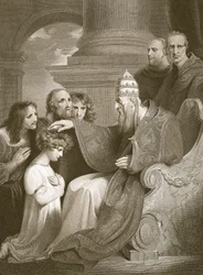 Książę Alfred przed papieżem Leonem III, rycina J. Stow, ilustracja z „Historii Anglii” Davida Hume