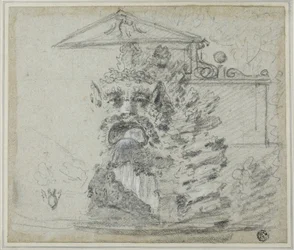 „Il Mascherone”, fontanna Rocaille na terenie Villa Borghese, ok. 1754 (czarna kreda, podwyższona białą kredą i grafitem, na niebieskim papierze wykładanym, ułożona na kartonie)