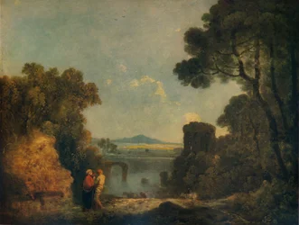 Włoski krajobraz rzeczny ze zerwanym mostem, c1779, 1938