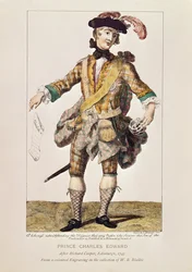 Rycina satyryczna w formie listu gończego dla księcia Karola Edwarda Stuarta, 1745 (kolorowa grawerunek)