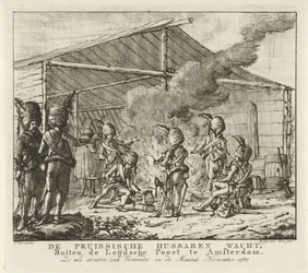 Huzarzy pruscy oczekujący w Leidse Poort w Amsterdamie, 1787 r. Huzarowie pruscy czekają, Przed Leijdsche Poort w Amsterdamie (...) (tytuł na obiekcie)