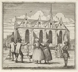 Mężczyźni i kobiety na placu w pobliżu Grote Kerk w Leeuwarden Zima. (tytuł serii) Sceny zimowe (tytuł serialu)