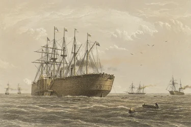 "Great Eastern" pod ciężarem 23 lipca (eskorta i inne wprowadzone statki to Terrible, Sphinx, Hawk i Caroline)