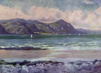 Odległy widok na Penmaenmawr, światło wczesnego poranka (kolor lito)