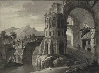 Fantazja architektoniczna. Ruiny antycznego mostu otoczone średniowiecznymi wieżami