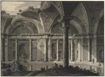 Fantazja architektoniczna antycznej wanny ze zniszczonym dachem i figurami