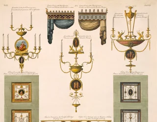 Wzory na gzymsy zasłonowe, żyrandole i drzwi składane, 1774, druk szczegółowy z 61957