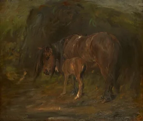 Klacz i źrebię (olej na płótnie)