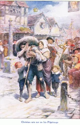 Christian wyrusza na swoją pielgrzymkę, z książki The Pilgrims Progress wydanej przez John F. Shaw & Co, ok. 1900 (kolor lito)